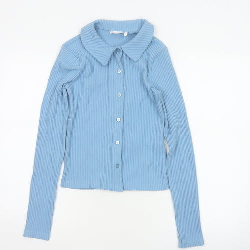 ASOS Design Women Blue S Ribbed Collared Button-Up Long Sleeve Top