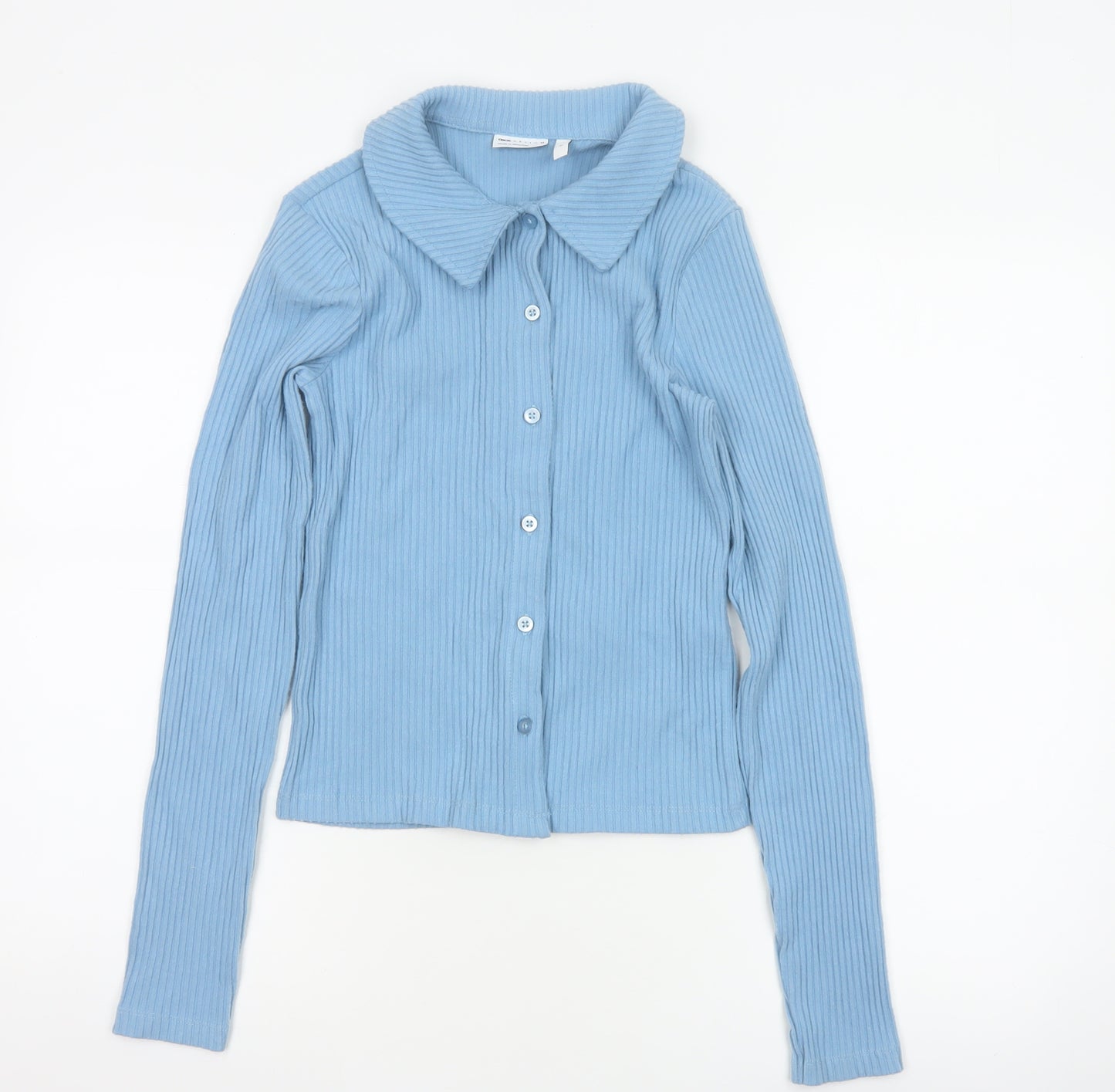 ASOS Design Women Blue S Ribbed Collared Button-Up Long Sleeve Top