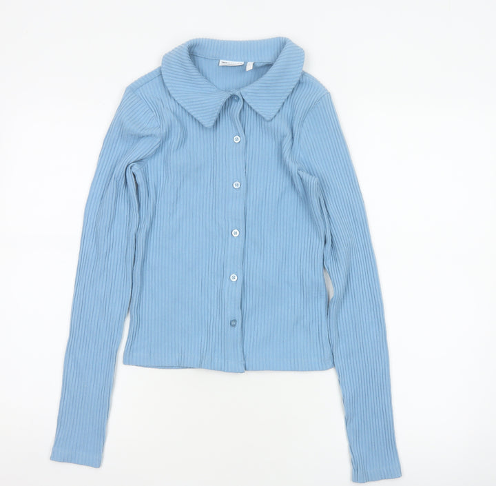 ASOS Design Women Blue S Ribbed Collared Button-Up Long Sleeve Top