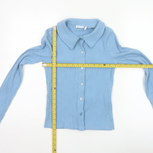 ASOS Design Women Blue S Ribbed Collared Button-Up Long Sleeve Top