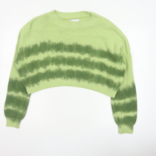 ASOS Design Women Green Striped Knit Jumper UK 14 Crew Neck Cropped