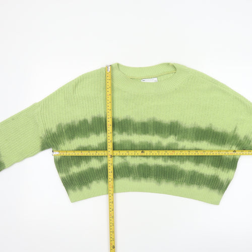 ASOS Design Women Green Striped Knit Jumper UK 14 Crew Neck Cropped