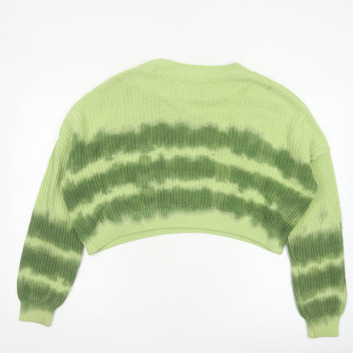 ASOS Design Women Green Striped Knit Jumper UK 14 Crew Neck Cropped