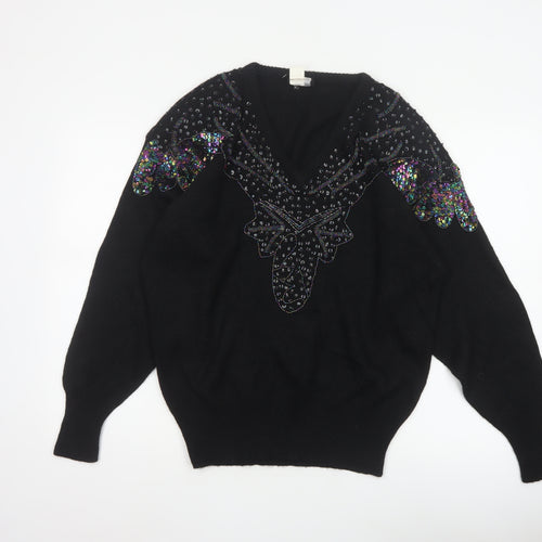 Lady Joyce Women’s Black 38 Vintage Sequin Butterfly V-Neck Jumper