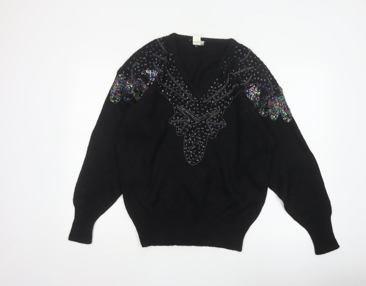 Lady Joyce Women’s Black 38 Vintage Sequin Butterfly V-Neck Jumper