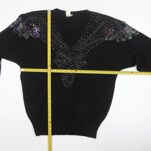Lady Joyce Women’s Black 38 Vintage Sequin Butterfly V-Neck Jumper