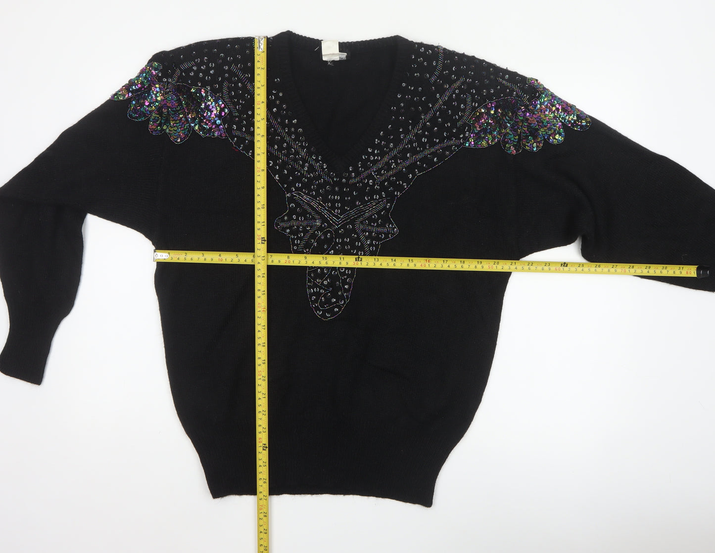 Lady Joyce Women’s Black 38 Vintage Sequin Butterfly V-Neck Jumper