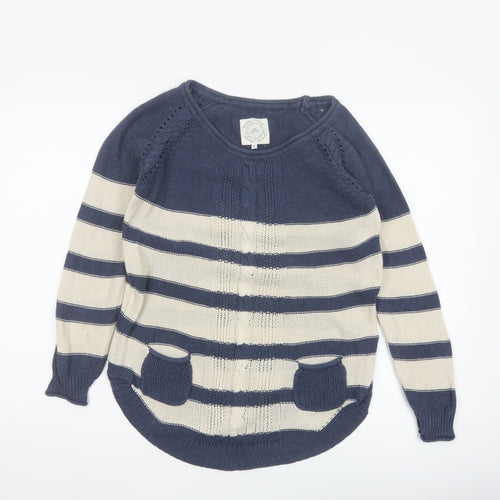 Mantaray Women’s Blue Ivory Stripe Cable Knit Pocket Jumper UK 8 Cotton