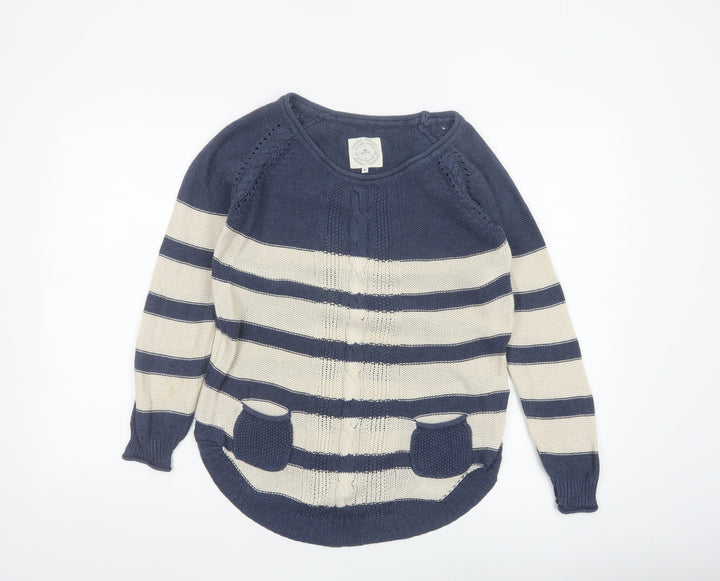 Mantaray Women’s Blue Ivory Stripe Cable Knit Pocket Jumper UK 8 Cotton
