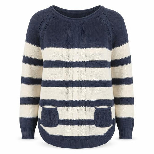 Mantaray Women’s Blue Ivory Stripe Cable Knit Pocket Jumper UK 8 Cotton