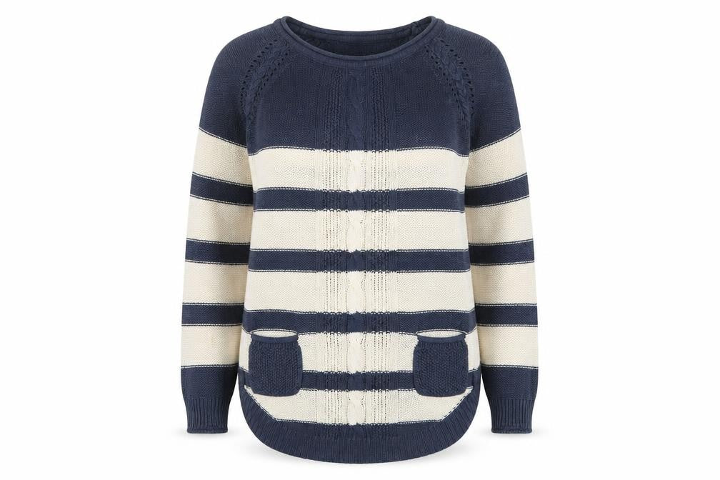 Mantaray Women’s Blue Ivory Stripe Cable Knit Pocket Jumper UK 8 Cotton