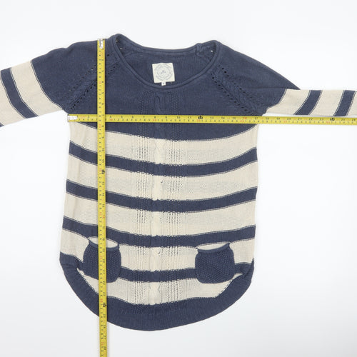 Mantaray Women’s Blue Ivory Stripe Cable Knit Pocket Jumper UK 8 Cotton