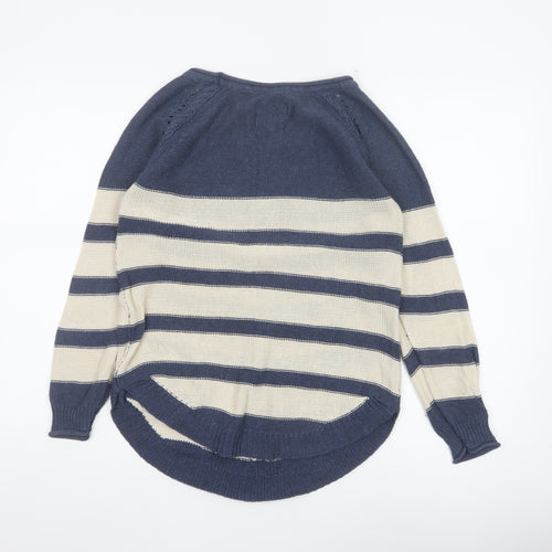 Mantaray Women’s Blue Ivory Stripe Cable Knit Pocket Jumper UK 8 Cotton