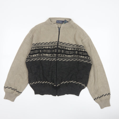 Puritan Men's Beige Black S Fair Isle Full Zip Knit Jumper