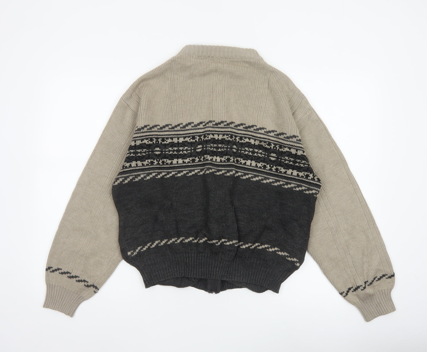 Puritan Men's Beige Black S Fair Isle Full Zip Knit Jumper