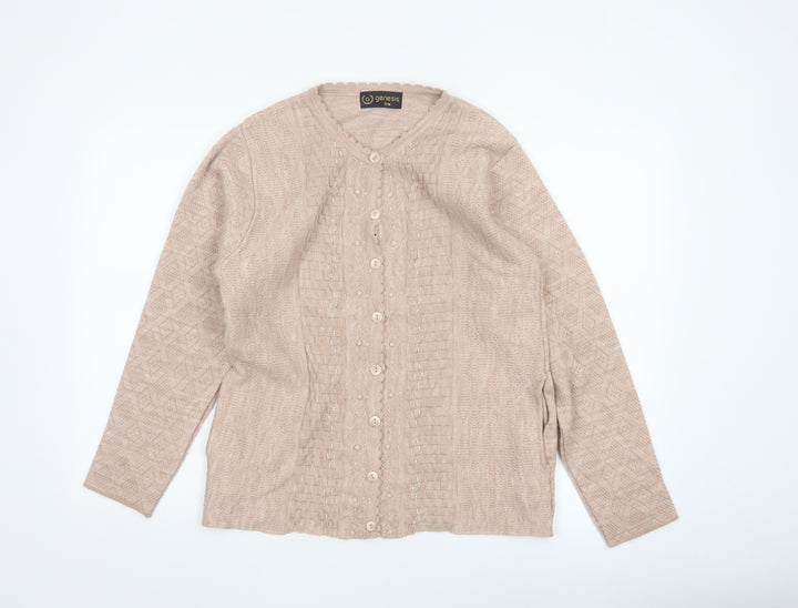 Genesis Women Beige M Embellished V-Neck Button Knit Cardigan