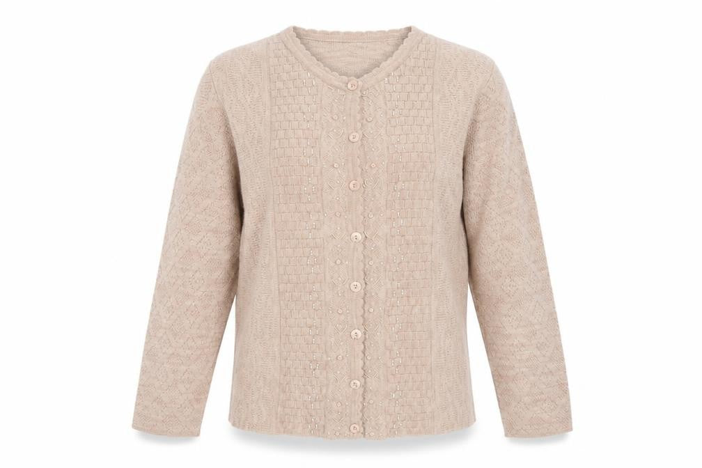 Genesis Women Beige M Embellished V-Neck Button Knit Cardigan