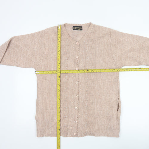 Genesis Women Beige M Embellished V-Neck Button Knit Cardigan