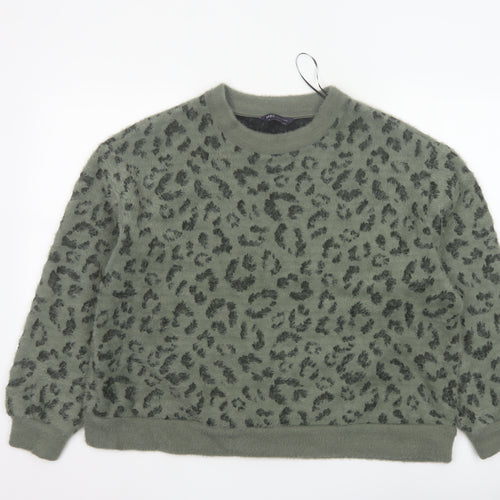 M&S Women’s Khaki Leopard Print Fuzzy Knit Jumper UK 16 Crew Neck