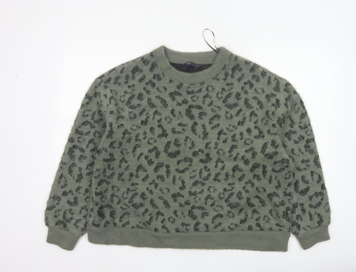 M&S Women’s Khaki Leopard Print Fuzzy Knit Jumper UK 16 Crew Neck