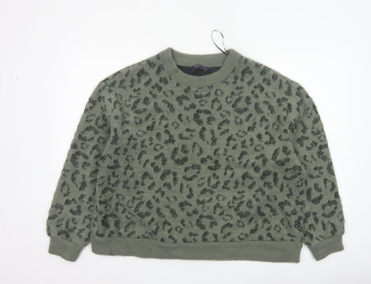 M&S Women’s Khaki Leopard Print Fuzzy Knit Jumper UK 16 Crew Neck