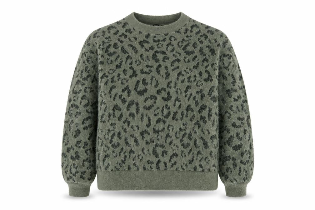 M&S Women’s Khaki Leopard Print Fuzzy Knit Jumper UK 16 Crew Neck