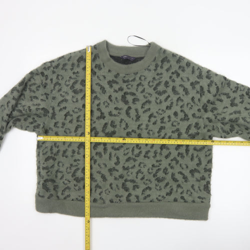 M&S Women’s Khaki Leopard Print Fuzzy Knit Jumper UK 16 Crew Neck
