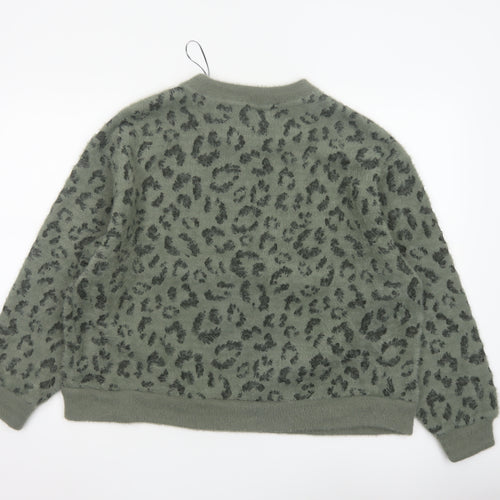 M&S Women’s Khaki Leopard Print Fuzzy Knit Jumper UK 16 Crew Neck