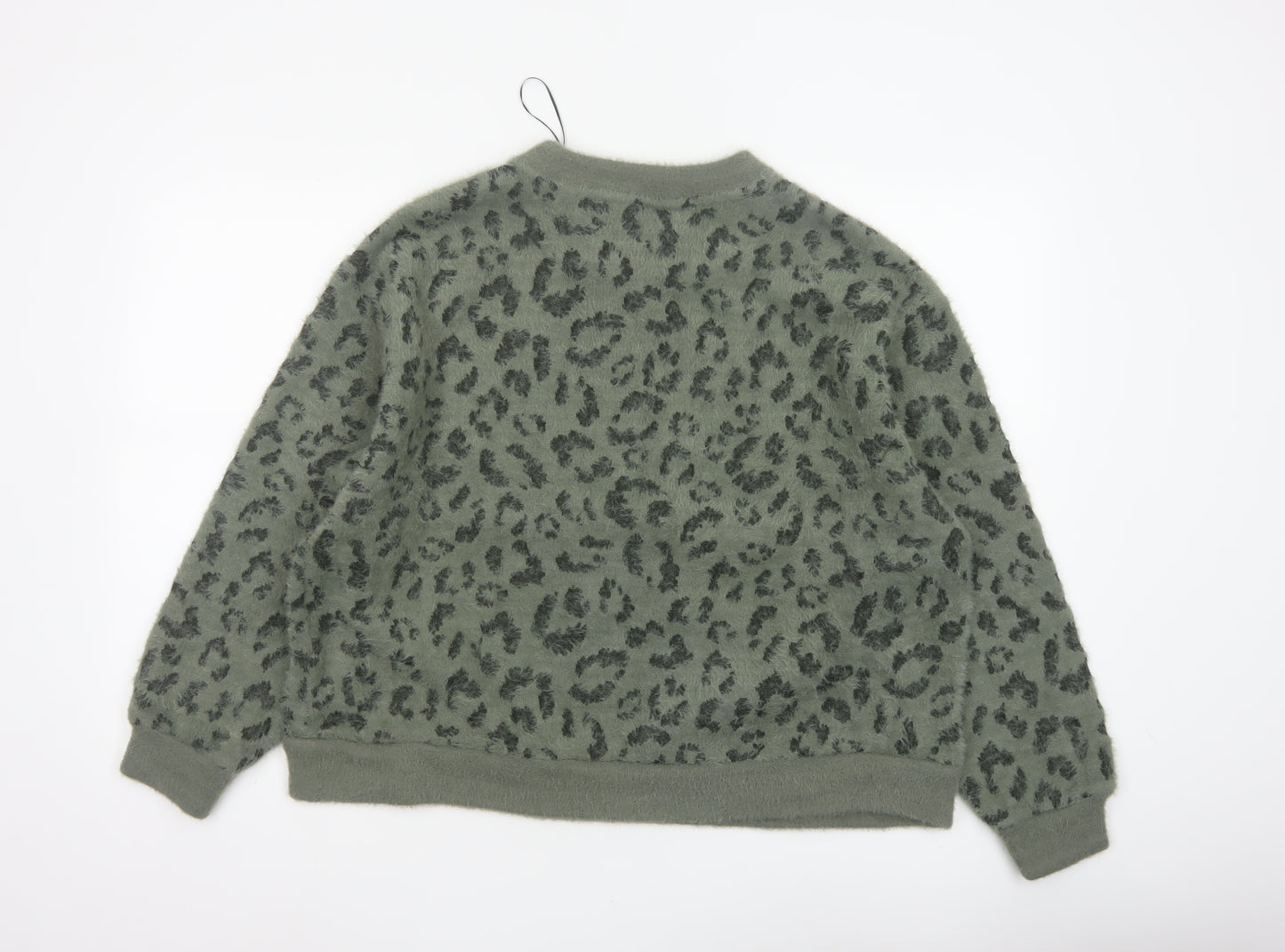 M&S Women’s Khaki Leopard Print Fuzzy Knit Jumper UK 16 Crew Neck