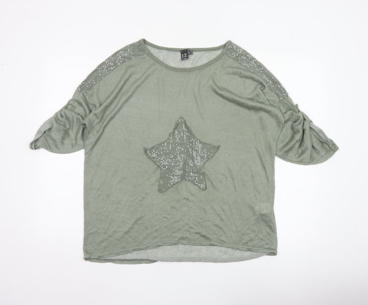 Izabel Women Grey Size 10 Star Sequin Jersey Balloon Sleeve T-Shirt