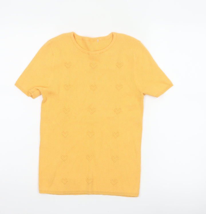 TP Women's Yellow Size 14 Rib Knit Floral Short Sleeve T-Shirt