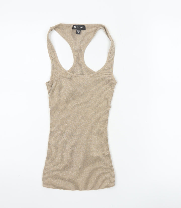 bebe Women Gold M Glitter Racerback Stretch Camisole Tank Top