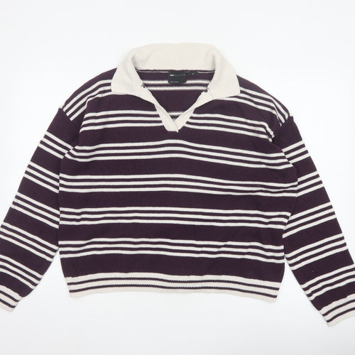 ASOS Design Women Purple Ivory Striped Collared Knit Jumper UK 12-14 M