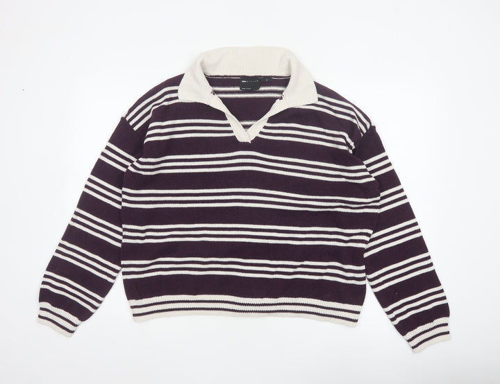 ASOS Design Women Purple Ivory Striped Collared Knit Jumper UK 12-14 M