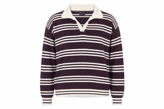 Front view of ASOS Design Women Purple Ivory Striped Collared Knit Jumper UK 12-14 M
