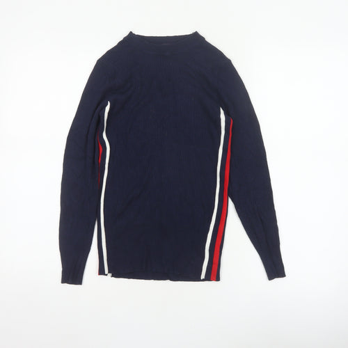 Marks and Spencer Women Blue UK 10 Ribbed Striped Mock Neck Jumper