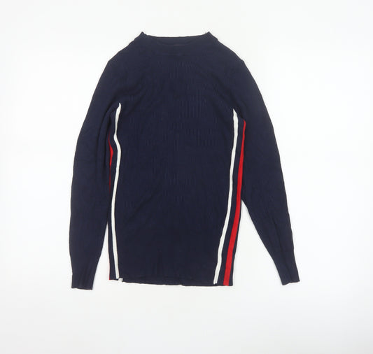 Marks and Spencer Women Blue UK 10 Ribbed Striped Mock Neck Jumper