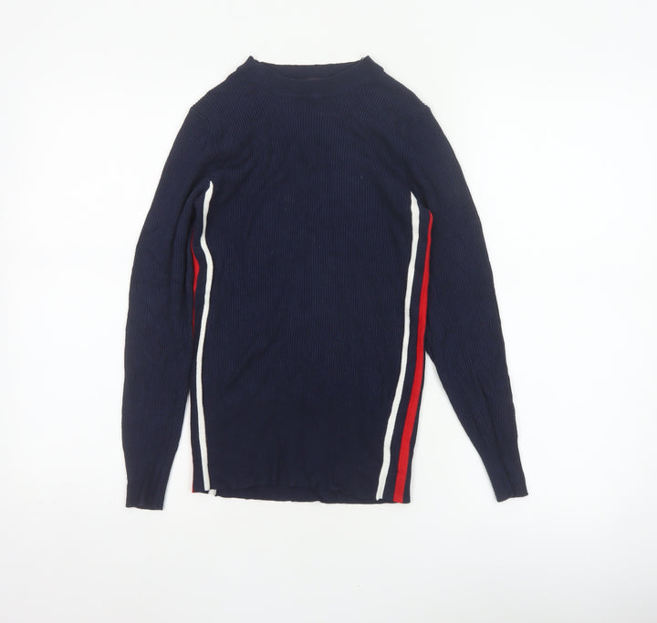 Marks and Spencer Women Blue UK 10 Ribbed Striped Mock Neck Jumper