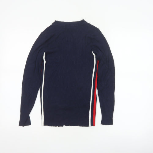 Marks and Spencer Women Blue UK 10 Ribbed Striped Mock Neck Jumper