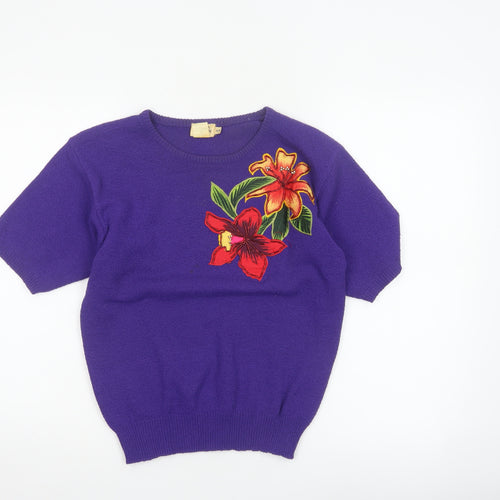 TanFay Women’s Purple Floral Beaded Short Sleeve Knit Jumper Size S