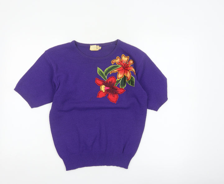 TanFay Women’s Purple Floral Beaded Short Sleeve Knit Jumper Size S