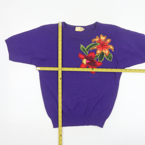 TanFay Women’s Purple Floral Beaded Short Sleeve Knit Jumper Size S