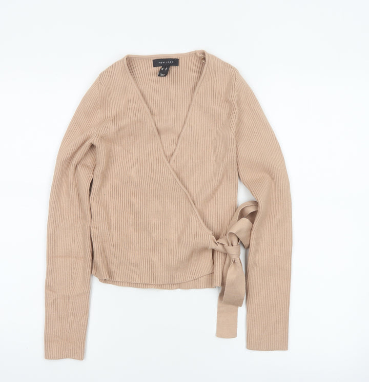 New Look Women’s Beige UK 8 Rib Knit V-Neck Wrap Jumper Belted