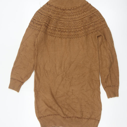 M&Co Women Brown UK 8 Fair Isle Glitter High Neck Tunic Jumper