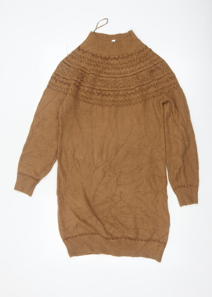 M&Co Women Brown UK 8 Fair Isle Glitter High Neck Tunic Jumper
