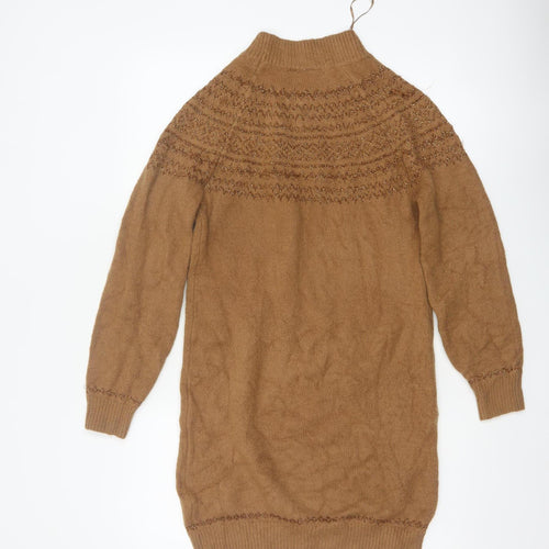 M&Co Women Brown UK 8 Fair Isle Glitter High Neck Tunic Jumper