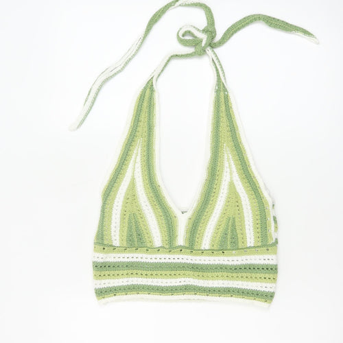 Hollister Women Green White Striped Crochet Halter Cropped Tank Top M