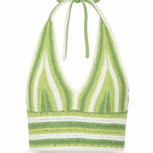 Hollister Women Green White Striped Crochet Halter Cropped Tank Top M