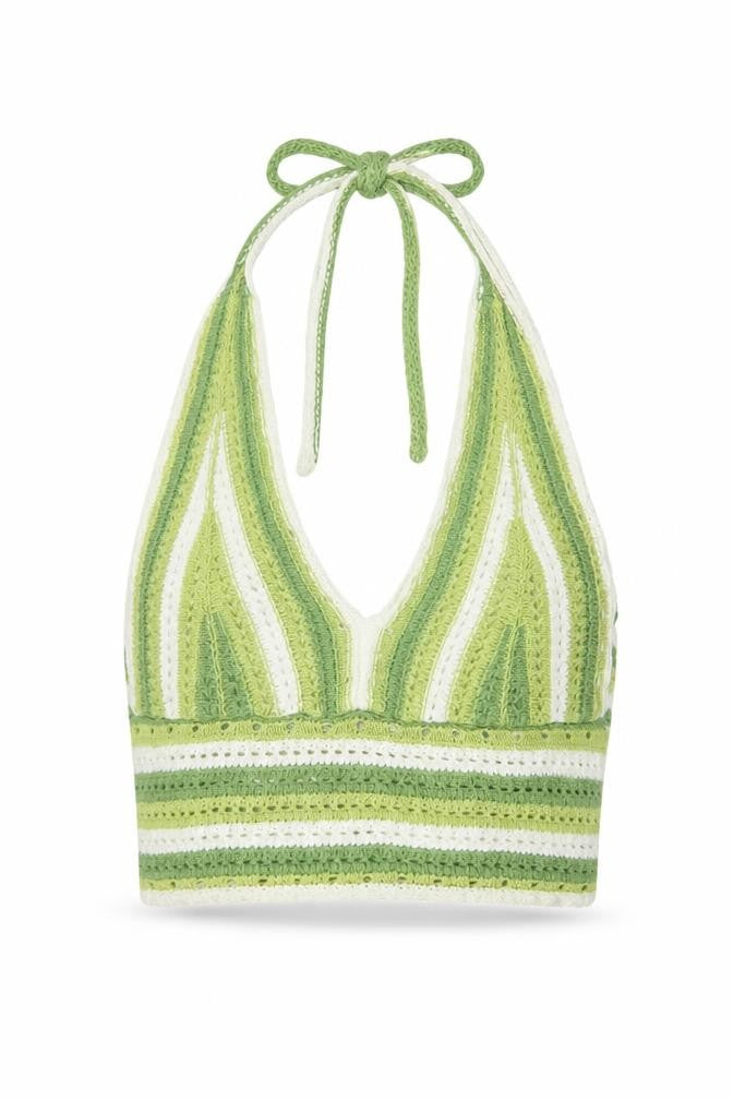 Hollister Women Green White Striped Crochet Halter Cropped Tank Top M