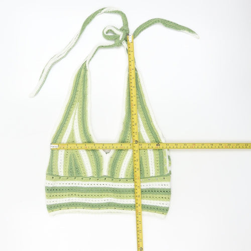 Hollister Women Green White Striped Crochet Halter Cropped Tank Top M